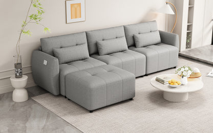 113.3" Convertible Sectional Sofa Couch 3-Seat L-Shaped Sofa with Movable Ottoman and USB for Apartment, Living Room, Bedroom, Grey