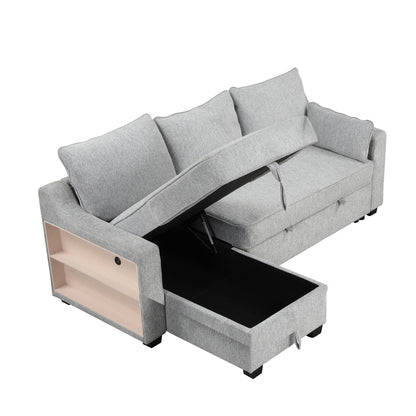 90" Pull Out Sleeper Sofa L-Shaped Couch Convertible Sofa Bed with Storage Chaise, Storage Racks and USB Ports, Light Grey