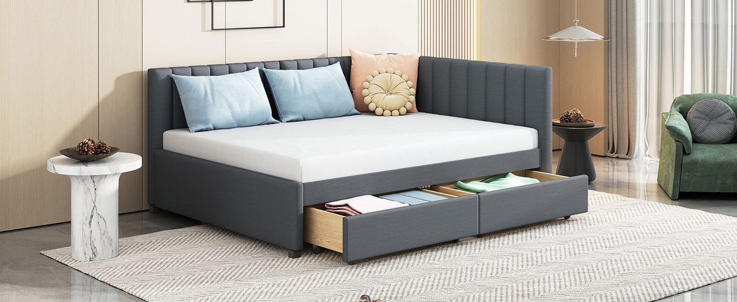 Full Size Upholstered Daybed with 2 Storage Drawers Sofa Bed Frame No Box Spring Needed, Linen Fabric (Gray)