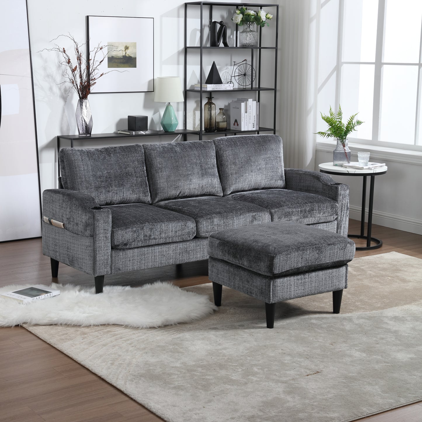 Sofa for three, solid wood frame, Chenille fabric, side pocket, with two cup holders, footstool with storagestorage sofa /Living room sofa cozy sectional sofa