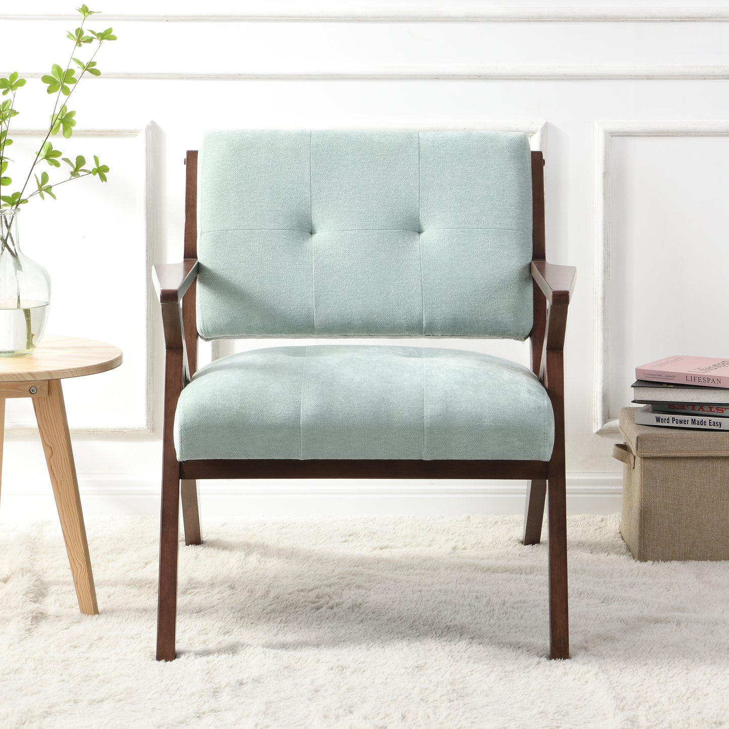 30" Mid-Century Modern Accent Chair with Plush Cushions, Angled Arm Design, and Sturdy Solid Wood Frame – Perfect for Cozy Living Room, Bedroom, or Office Seating