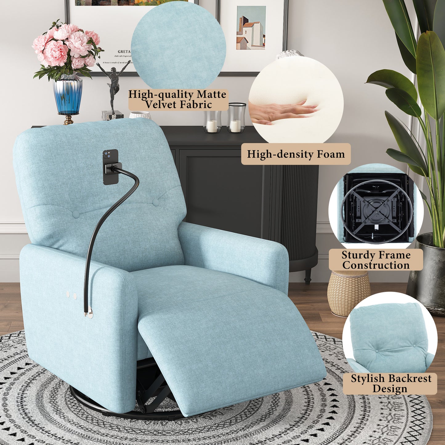 270 Degree Swivel Electric Recliner Home Theater Seating Single Reclining Sofa Rocking Motion Recliner with a Phone Holder for Living Room, Blue