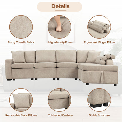 109.8"L-shaped Couch Sectional Sofa with Storage Chaise,Cup Holder and USB Ports for Living Room, Beige