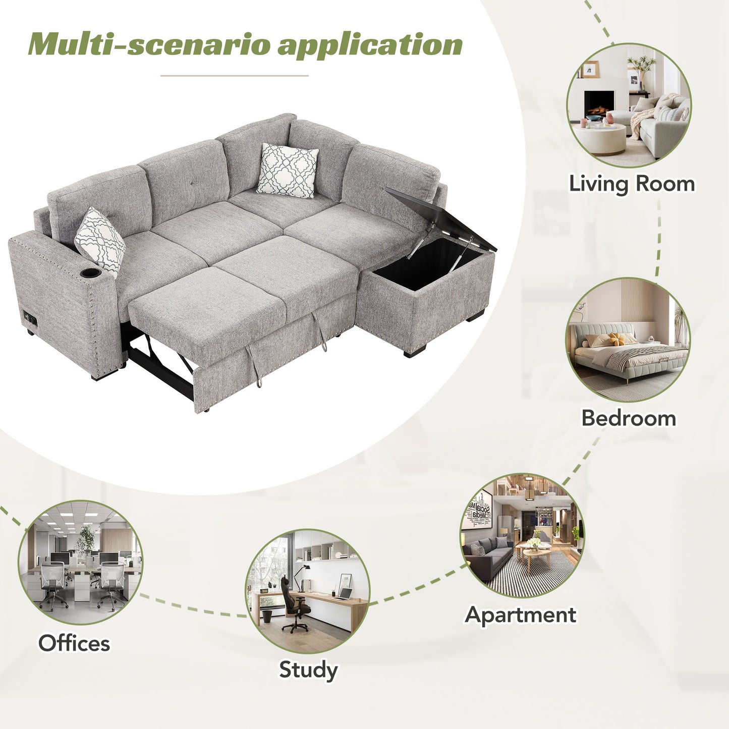 83.8" Sectional Pull-Out Sofa Bed L-Shaped Corner Sofa Couch with Storage Chaise, USB Ports, Power Sockets, Cup Holder for Living Room, Bedroom, Study, Light Gray