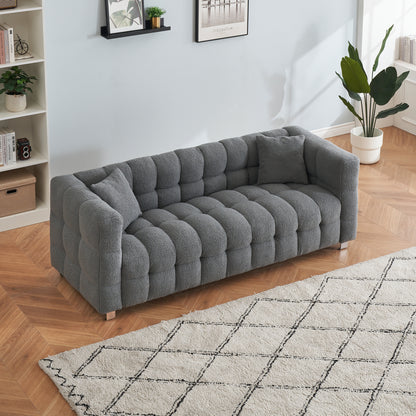 Grey teddy fleece sofa 80 inch discharge in living room bedroom with two throw pillows hardware foot support