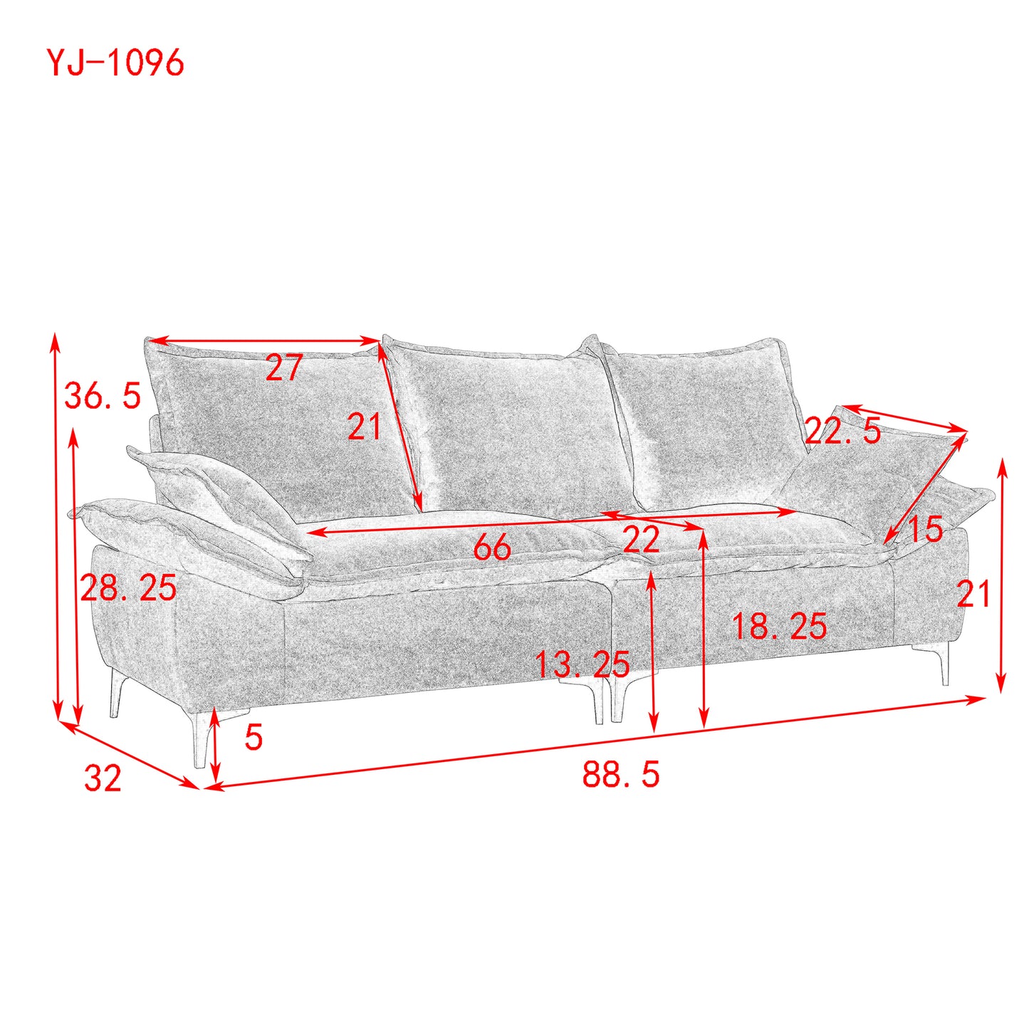 88.5 Modern Sailboat Sofa Dutch Velvet 3-Seater Sofa with Two Pillows for Small Spaces in Living Rooms, Apartments