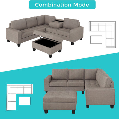 Sectional Corner Sofa L-shape Couch Space Saving with Storage Ottoman & Cup Holders Design for Large Space Dorm Apartment