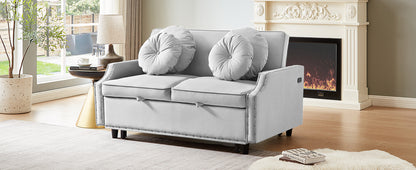 54.7" Multiple Adjustable Positions Sofa Bed Stylish Sofa Bed with a Button Tufted Backrest, Two USB Ports and Four Floral Lumbar Pillows for Living Room, Bedroom,or Small Space, Light Grey