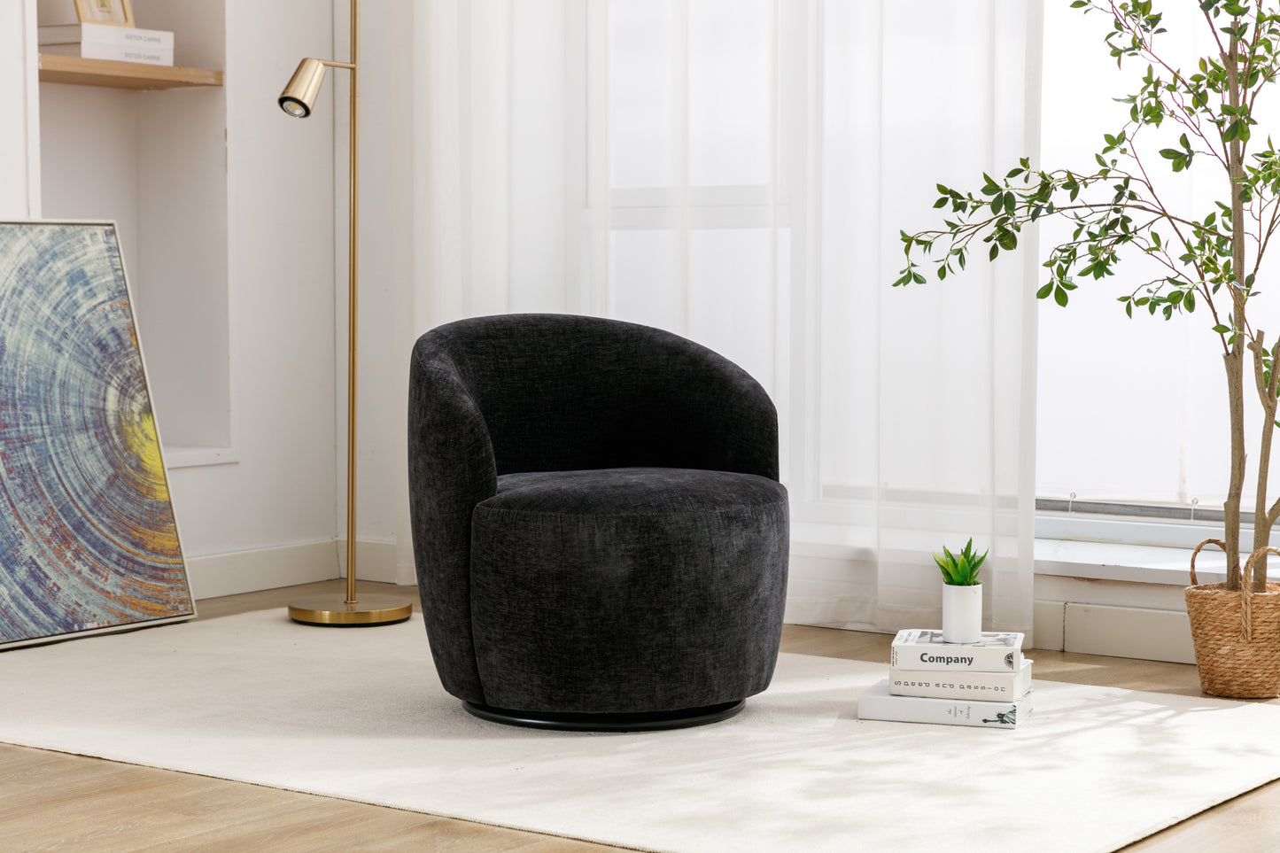 Fabric Swivel Accent Armchair Barrel Chair With Black Powder Coating Metal Ring,Black