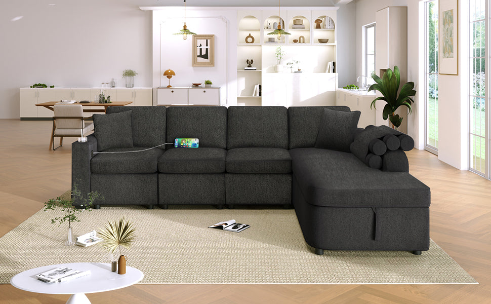 109.8"L-shaped Couch Sectional Sofa with Storage Chaise,Cup Holder and USB Ports for Living Room, Black