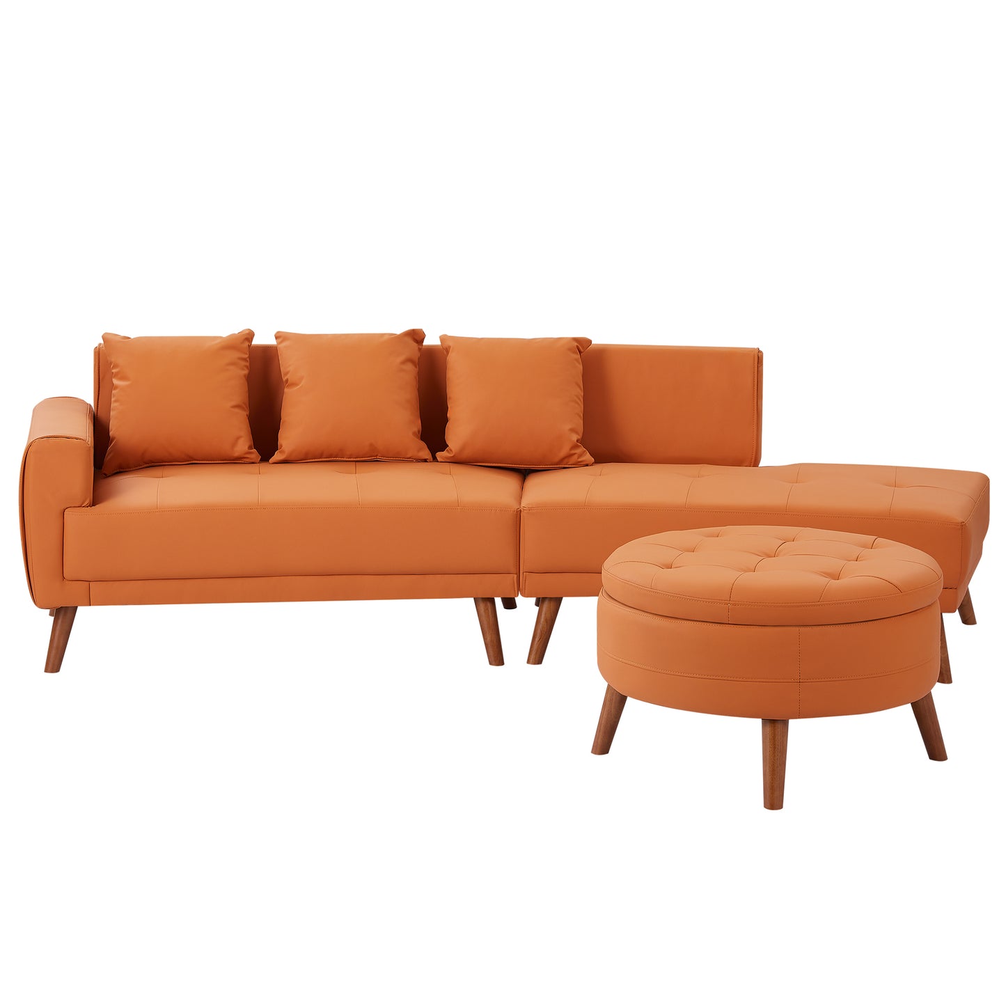 107" Contemporary Sofa Stylish Sofa Couch with a Round Storage Ottoman and Three Removable Pillows for Living Room, Orange