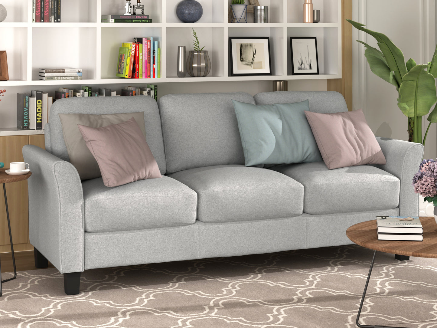 3-Seat Sofa Living Room Linen Fabric Sofa (Light Gray)