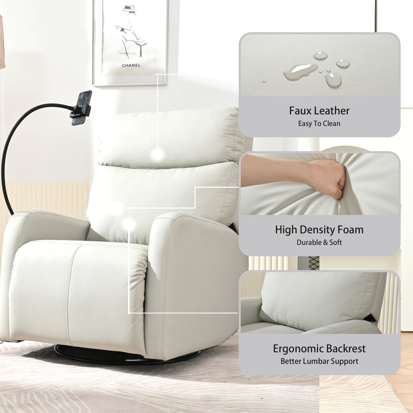 Rocking Recliner Chair,360 Degree Swivel Nursery Rocking Chair,Glider Chair,Modern Small Rocking Swivel Recliner Chair for Bedroom,Living Room Chair Home Theater Seat,Phone Holder