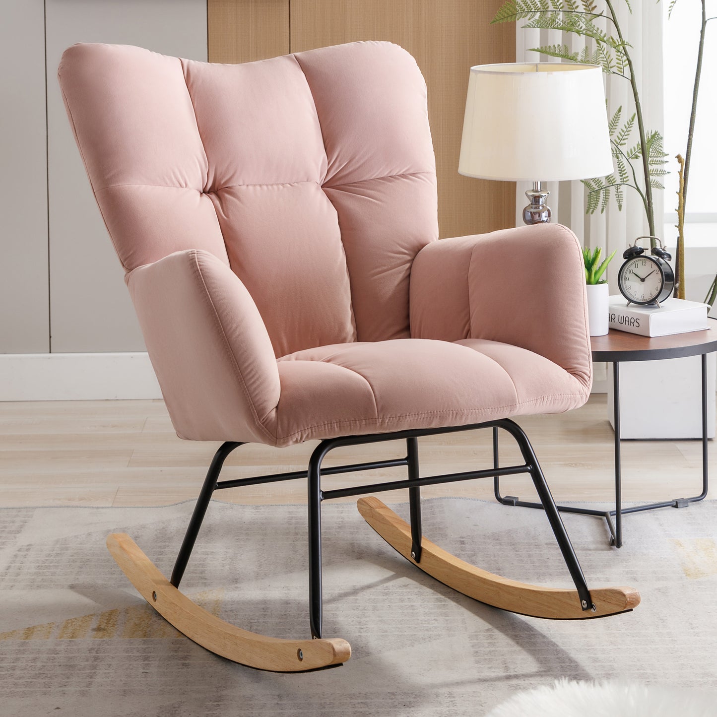 Mid Century Modern Velvet Tufted Upholstered Rocking Chair Padded Seat for Living Room Bedroom, Pink