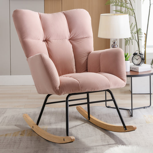 Mid Century Modern Velvet Tufted Upholstered Rocking Chair Padded Seat for Living Room Bedroom, Pink