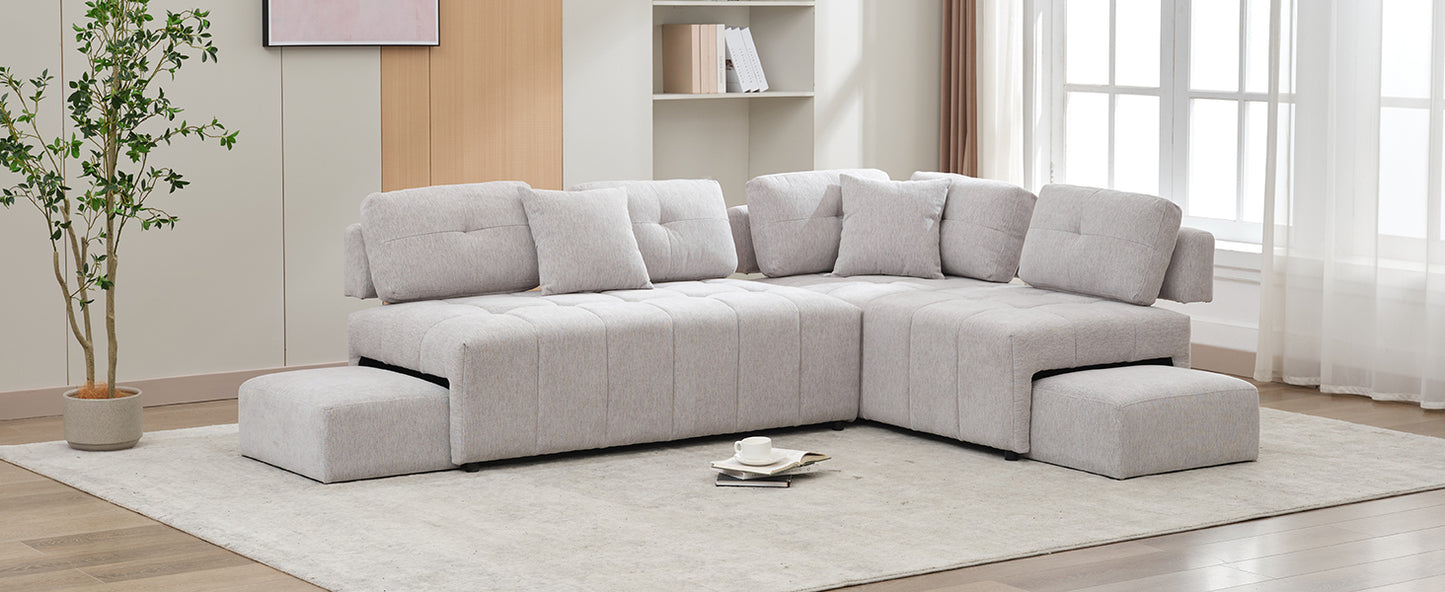 91.73" L-shaped Sofa Sectional Sofa Couch with 2 Stools and 2 Lumbar Pillows for Living Room, Light Grey