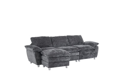 Modern Deep 3-Seat Sofa Couch with Ottoman, Polyester Sofa Sleeper Comfy Upholstered Furniture for Living Room, Apartment, Studio, Office,Dark Grey