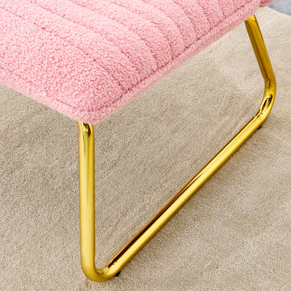 Modern minimalist pink plush fabric single person sofa chair with golden metal legs. Suitable for living room, bedroom, club, comfortable cushioned single person leisure sofa