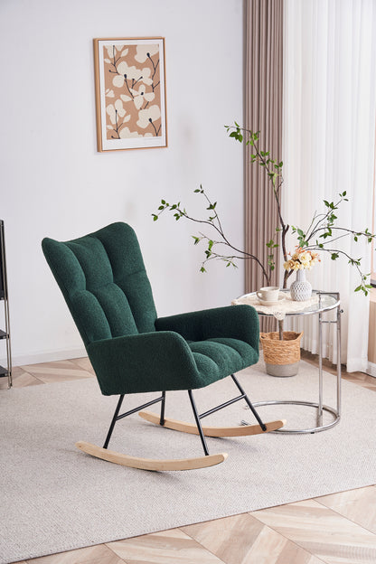 Rocking Chair Nursery, Solid Wood Legs Reading Chair with Teddy Fabric Upholstered, Nap Armchair for Living Rooms, Bedrooms, Offices, Best Gift,Emerald Teddy fabric