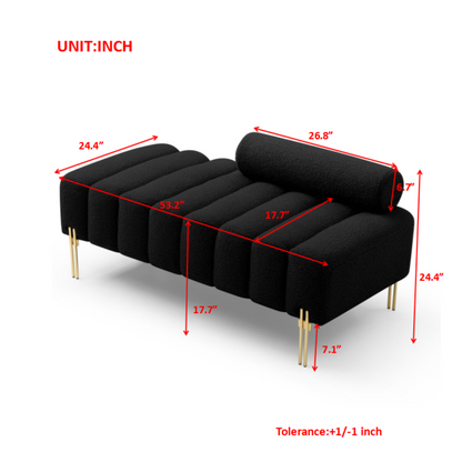 53.2" Width Modern End of Bed Bench Sherpa Fabric Upholstered 2 Seater Sofa Couch Entryway Ottoman Bench Fuzzy Sofa Stool Footrest Window Bench with Gold Metal Legs for Bedroom Living Room,Black