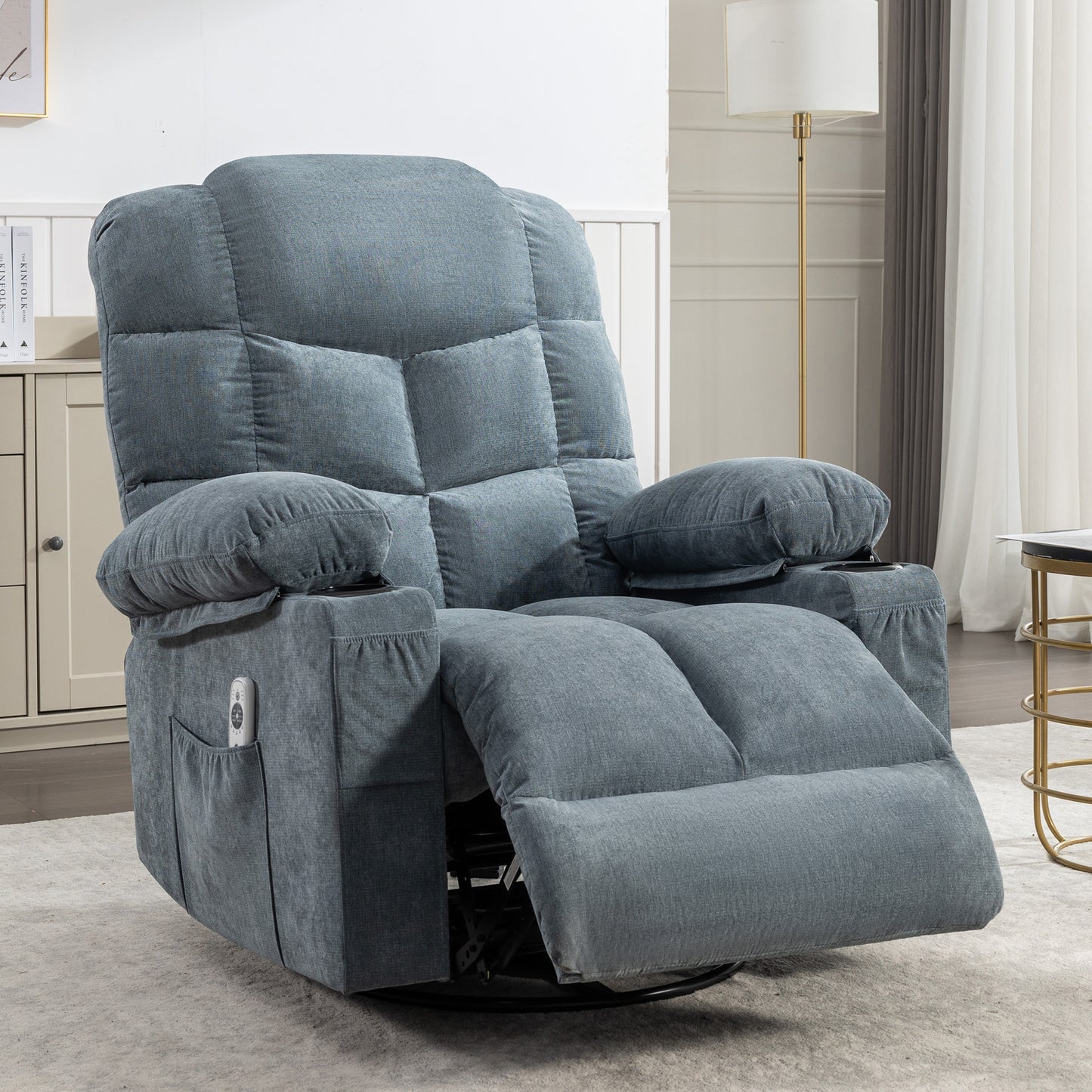 Massage Rocker Recliner Chair Rocking Chairs for Adults Oversized with 2 Cup Holders, USB Charge Port Soft Features a Manual Massage and Heat.A+B BLUE