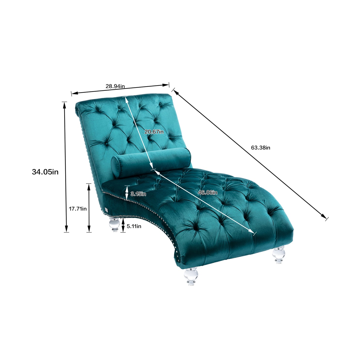 Velvet Chaise Lounge Indoor,Button-Tufted Upholstered Chaise Lounge Chair with Pillow for Bedroom Living Room Office (Teal Velvet)