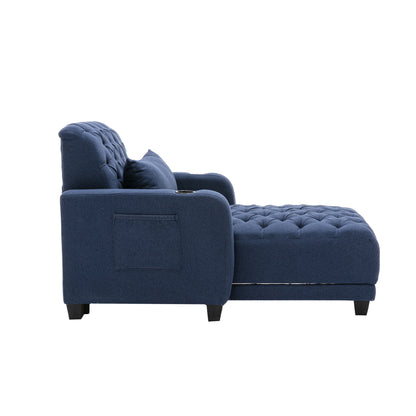 Multifunctional Living Room Leisure Chaise Lounge Barry Tufted Comfy Armchair Wireless Charging, Smooth Reclining Backrest & Lumbar Pillow for Home Apartment (Navy linen)