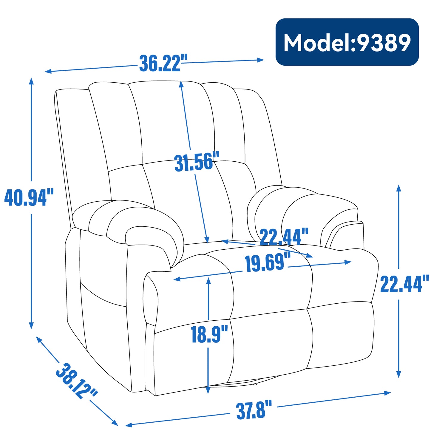 Manual Recliner Chair with Rocker and Swivel in Fabric for Living Room, Blue