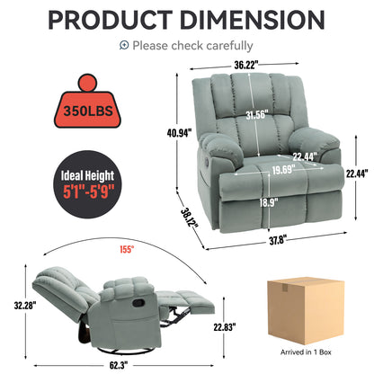 Manual Recliner Chair with Rocker and Swivel in Fabric for Living Room, Green