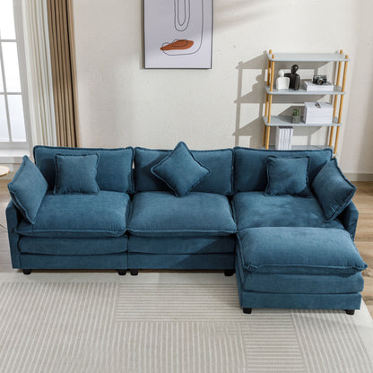 112.2" L-Shape Chenille Upholstered Sofa for Living Room Modern Luxury Sofa Couch with Ottoman, 5 Pillows, Blue