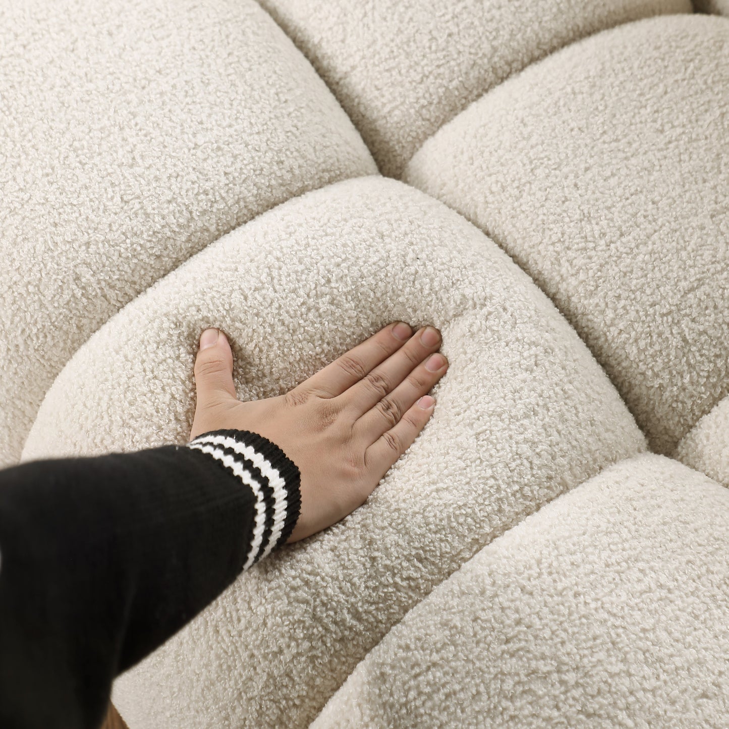 87.4 length,35.83" deepth,human body structure for USA people, marshmallow sofa,boucle sofa,3 seater, BEIGE BOUCLE