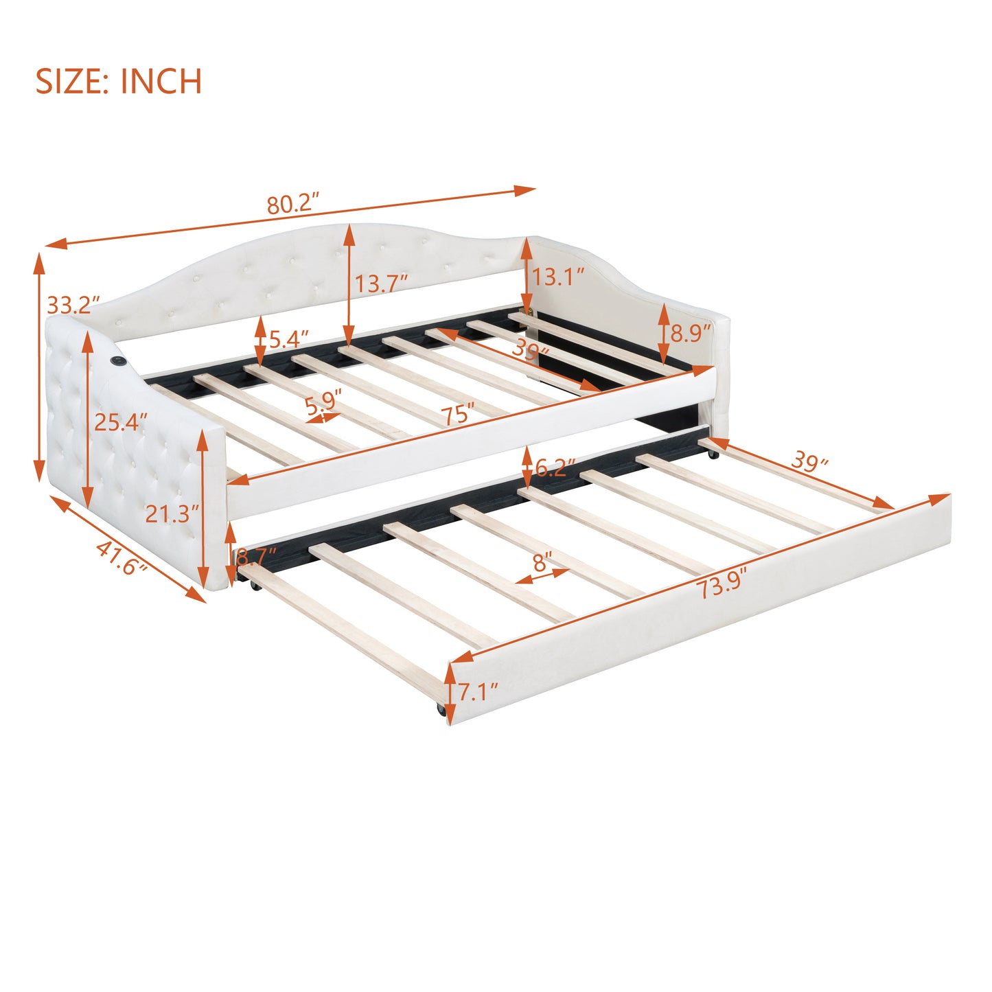 Size Tufted Upholstered Daybed with Trundle,Velvet Sofabed with USB&Type-C Charging Ports,No Box-spring Needed, Beige