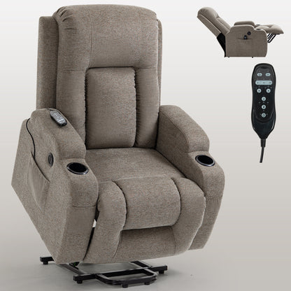 Up to 350 LBS Power Lift Recliner Chair for Elderly, Heavy Duty Motion Mechanism with 8-Point Vibration Massage and Lumbar Heating, USB Charging Port, Cup Holders, Brown