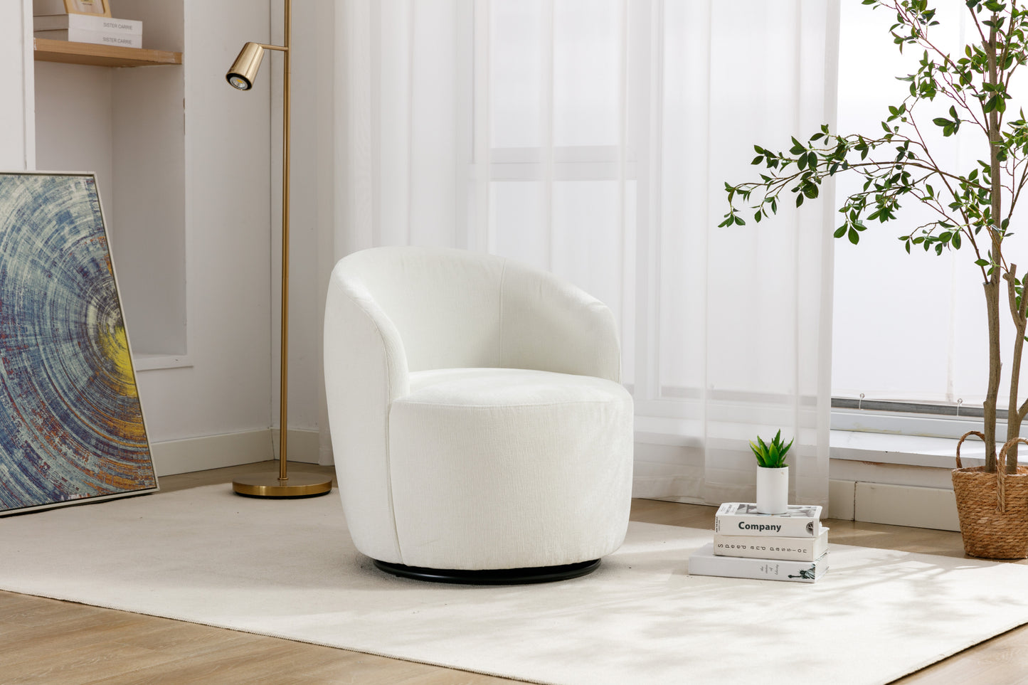 Fabric Swivel Accent Armchair Barrel Chair With Black Powder Coating Metal Ring,Ivory