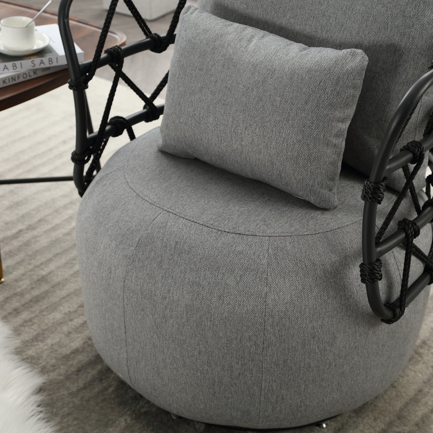 Upholstered Tufted Living Room Chair Textured Linen Fabric Accent Chair with Metal Stand