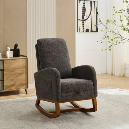 25.4"W Rocking Chair for Nursery, High Back Glider Chair with Retractable Footrest, Side Pocket, Rocking Accent Armchair with Rubber Wood Legs for Living Room/Bedroom.Charcoal