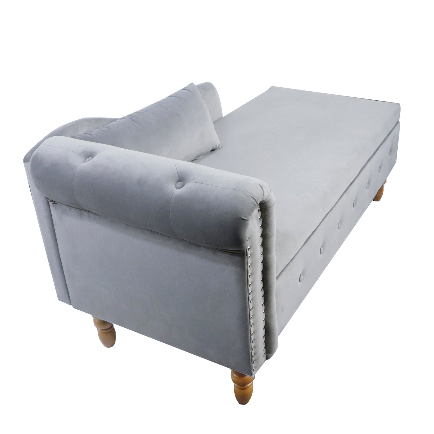 Grey Chaise Lounge Indoor,Velvet Lounge Chair for Bedroom with Storage & Pillow,Modern Upholstered Rolled Arm Chase Lounge for Sleeping with Nailhead Trim for Living Room Bedroom Office