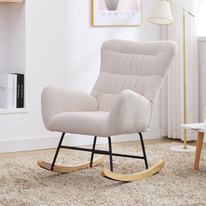 Rocking Chair, Teddy Upholstered Glider Rocker, Rocking Accent Chair with High Backrest, Comfy Rocking Accent Armchair for Living Room, Bedroom, Offices, WHITE