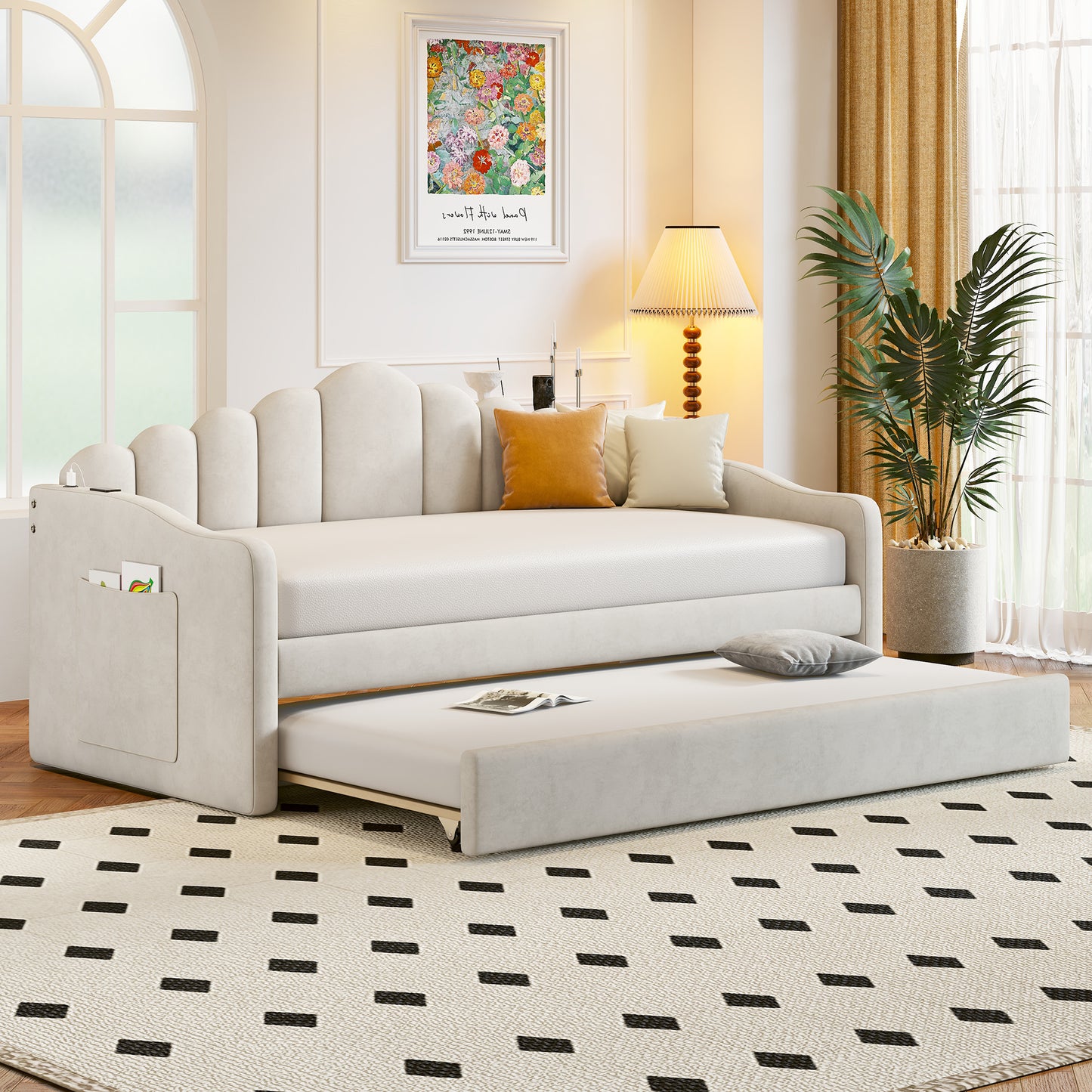 Twin size Upholstered Daybed with Trundle,Velvet Sofabed with USB Charging Ports,No Box-spring Needed,Beige