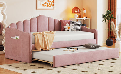 Twin size Upholstered Daybed with Trundle,Velvet Sofabed with USB Charging Ports,No Box-spring Needed,Pink