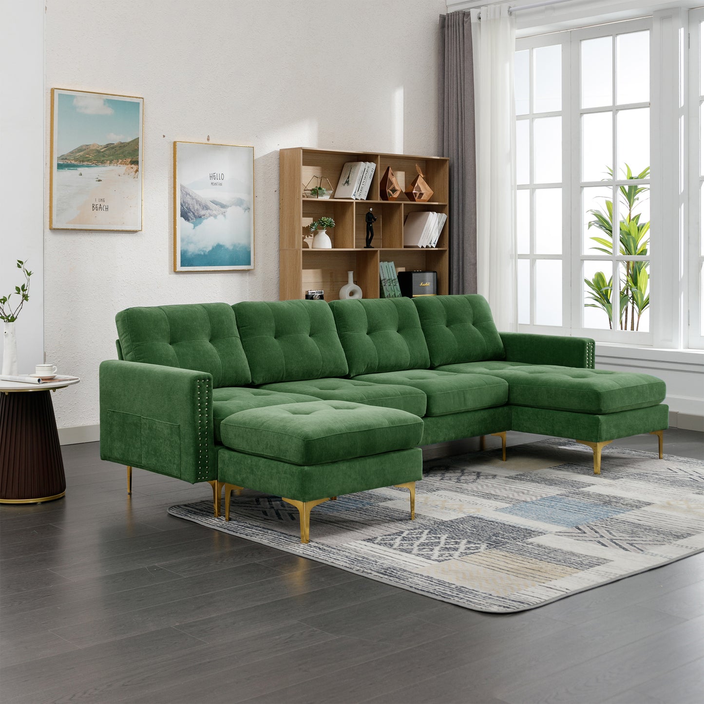 110" L-Shape Convertible Sectional Sofa Couch with Movable Ottoman for Living Room, Apartment, Office, Green