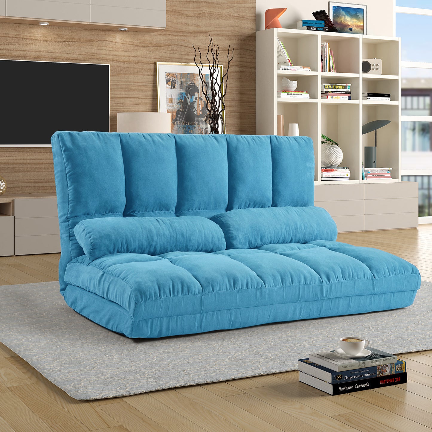 Double Chaise Lounge Sofa Floor Couch and Sofa with Two Pillows (Blue)