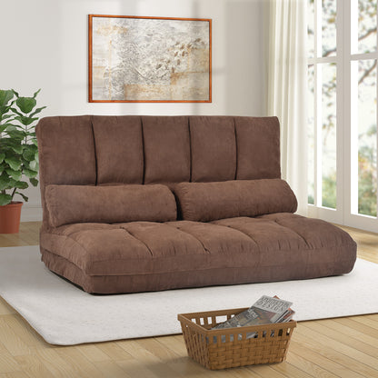 Double Chaise Lounge Sofa Floor Couch and Sofa with Two Pillows (Brown)