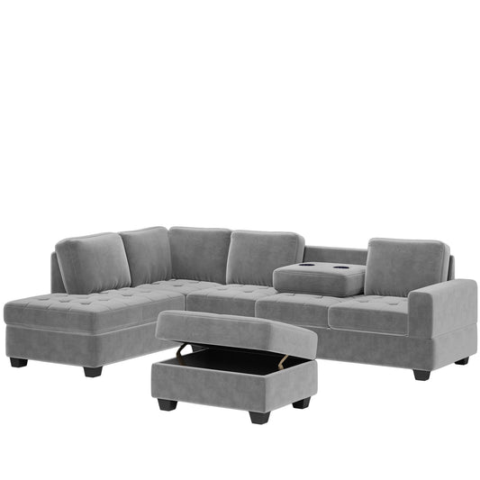 Modern Sectional Sofa with Reversible Chaise, L Shaped Couch Set with Storage Ottoman and Two Cup Holders for Living Room