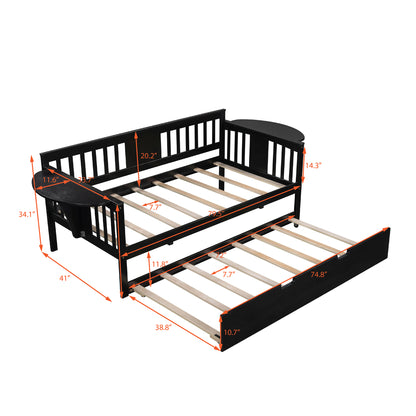 Wooden Daybed with Trundle Bed, Sofa Bed for Bedroom Living Room, Espresso