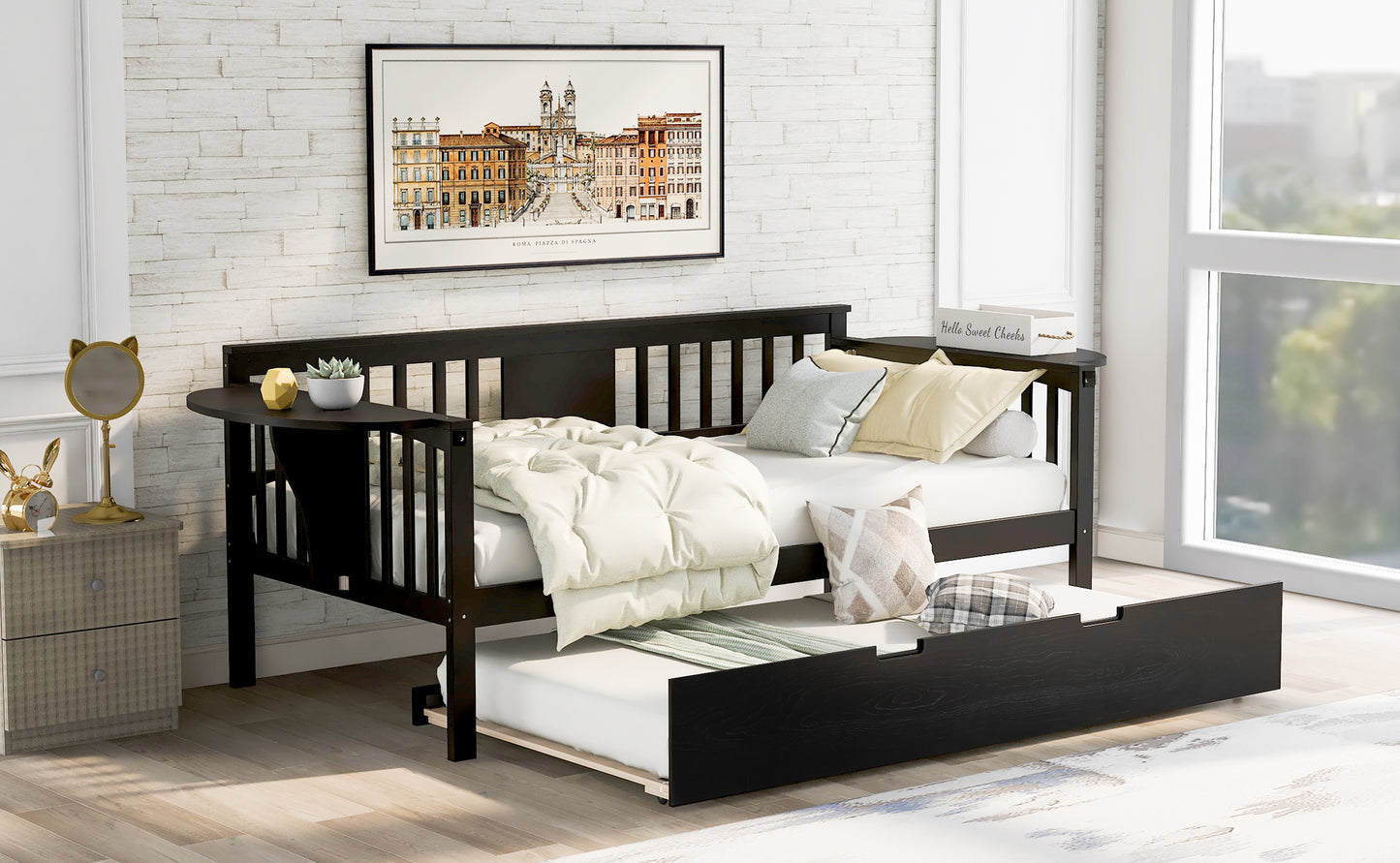 Wooden Daybed with Trundle Bed, Sofa Bed for Bedroom Living Room, Espresso