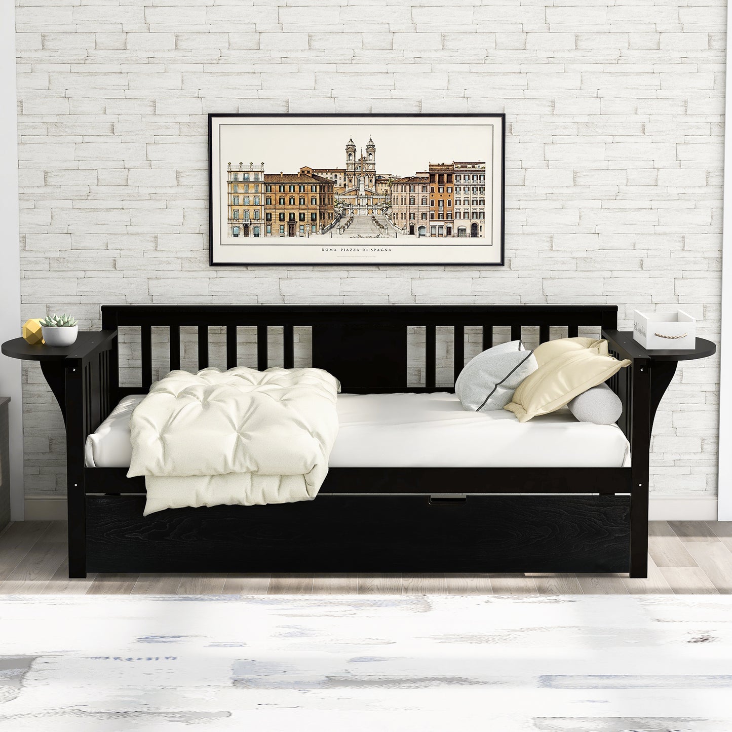 Wooden Daybed with Trundle Bed, Sofa Bed for Bedroom Living Room, Espresso