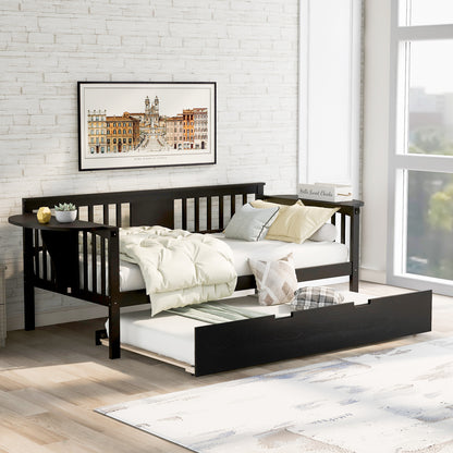 Wooden Daybed with Trundle Bed, Sofa Bed for Bedroom Living Room, Espresso