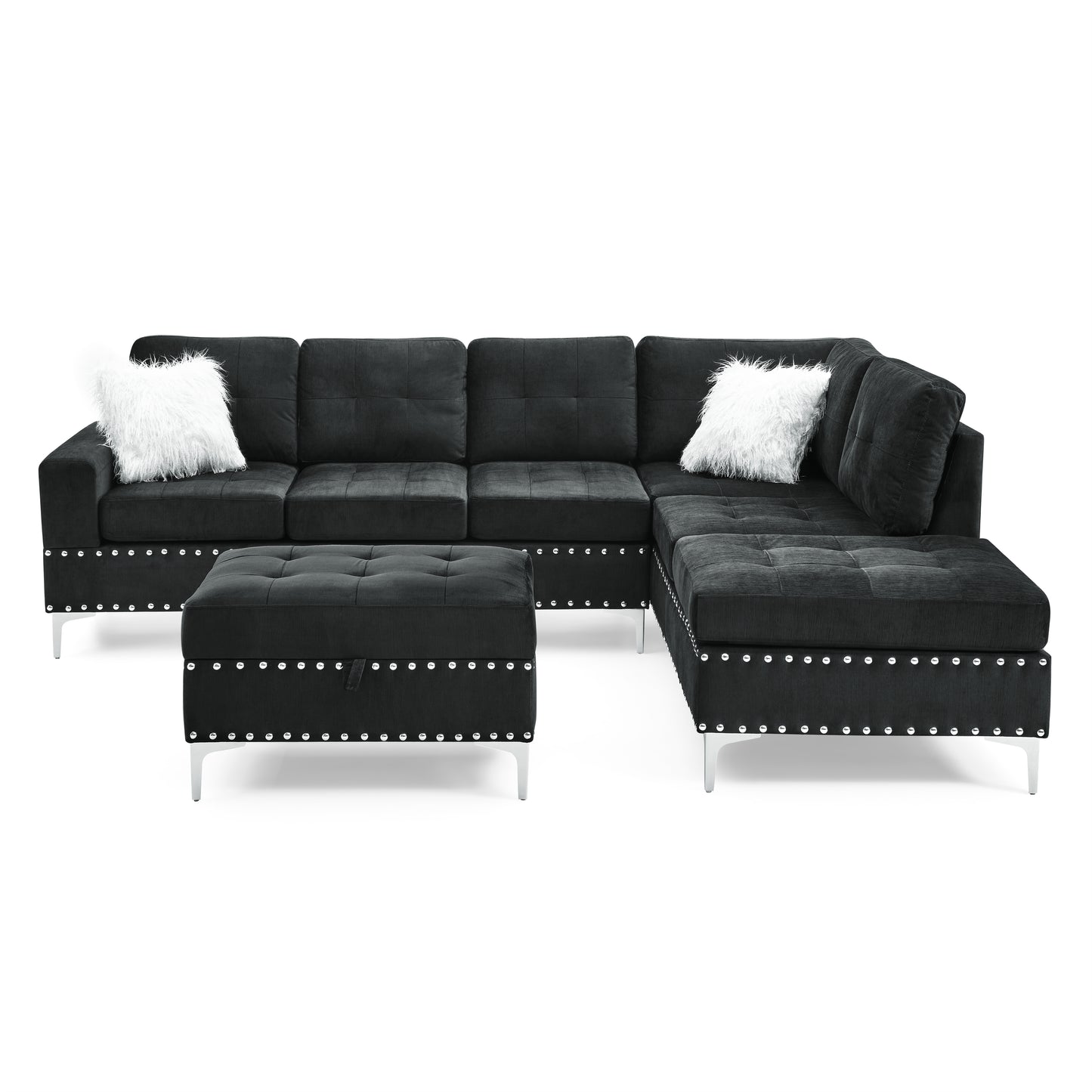 Sectional 3-Seaters Sofa with Reversible Chaise, Storage Ottoman and Cup Holders, Metal Legs and Copper Nails,Two White Villose Pillows,Black