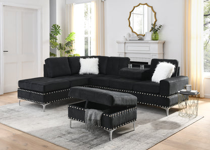 Sectional 3-Seaters Sofa with Reversible Chaise, Storage Ottoman and Cup Holders, Metal Legs and Copper Nails,Two White Villose Pillows,Black